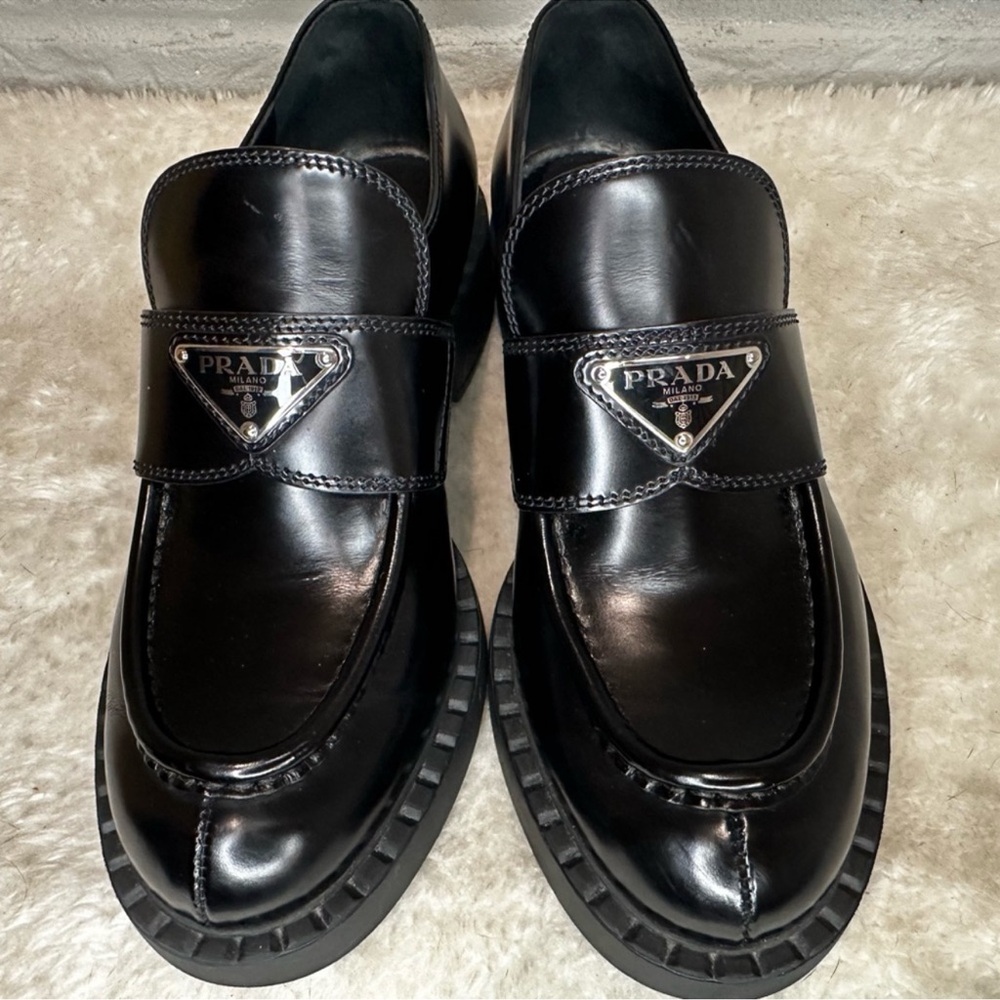 Prada Chocolate Brushed Leather Black Loafers Size 38